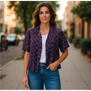 Mixxology Shrug Cropped Cardigan Size Medium Short Sleeve Purple Gray Open Drape